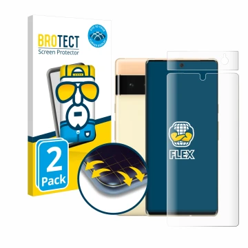 Parte frontal de un envase de producto con el logotipo de la marca BROTECT. Al lado se muestra el dispositivo Google Pixel 6 P