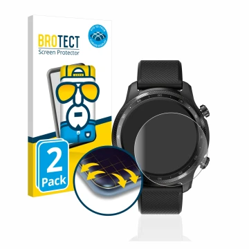 Parte frontal de un envase de producto con el logotipo de la marca BROTECT. Al lado se muestra el dispositivo Mobvoi Ticwatch 