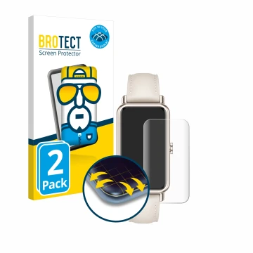 Parte frontal de un envase de producto con el logotipo de la marca BROTECT. Al lado se muestra el dispositivo Huawei Watch Fit
