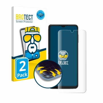 Parte frontal de un envase de producto con el logotipo de la marca BROTECT. Al lado se muestra el dispositivo Samsung Galaxy A