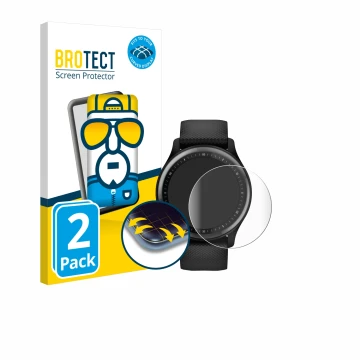 Parte frontal de un envase de producto con el logotipo de la marca BROTECT. Al lado se muestra el dispositivo Garmin Vivomove 