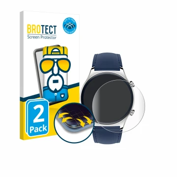 Parte frontal de un envase de producto con el logotipo de la marca BROTECT. Al lado se muestra el dispositivo Honor Watch GS 3