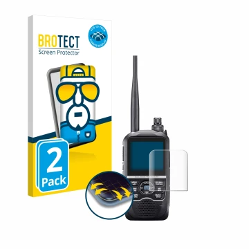 Parte frontal de un envase de producto con el logotipo de la marca BROTECT. Al lado se muestra el dispositivo Icom ID-52E con 