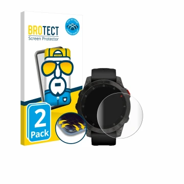 Parte frontal de un envase de producto con el logotipo de la marca BROTECT. Al lado se muestra el dispositivo Garmin epix (Gen