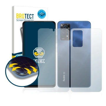 Parte frontal de un envase de producto con el logotipo de la marca BROTECT. Al lado se muestra el dispositivo Xiaomi Redmi Not