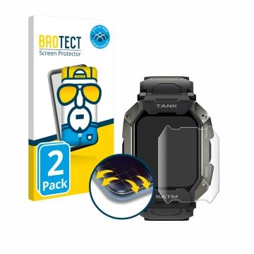 Parte frontal de un envase de producto con el logotipo de la marca BROTECT. Al lado se muestra el dispositivo Kospet Tank M1 c