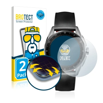 Parte frontal de un envase de producto con el logotipo de la marca BROTECT. Al lado se muestra el dispositivo TAG Heuer Connec