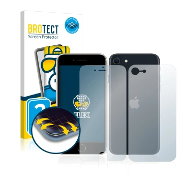 Parte frontal de un envase de producto con el logotipo de la marca BROTECT. Al lado se muestra el dispositivo Apple iPhone SE 