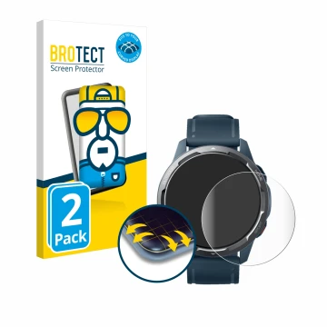 Parte frontal de un envase de producto con el logotipo de la marca BROTECT. Al lado se muestra el dispositivo Xiaomi Watch S1 