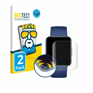 Parte frontal de un envase de producto con el logotipo de la marca BROTECT. Al lado se muestra el dispositivo Xiaomi Poco Watc