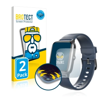 Parte frontal de un envase de producto con el logotipo de la marca BROTECT. Al lado se muestra el dispositivo Hama Fit Watch 4