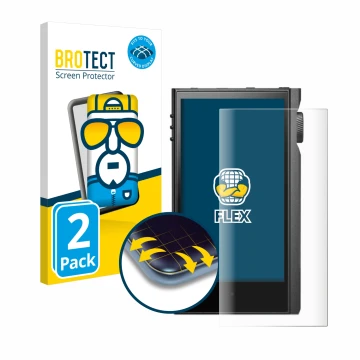 Parte frontal de un envase de producto con el logotipo de la marca BROTECT. Al lado se muestra el dispositivo Astell&Kern Kann