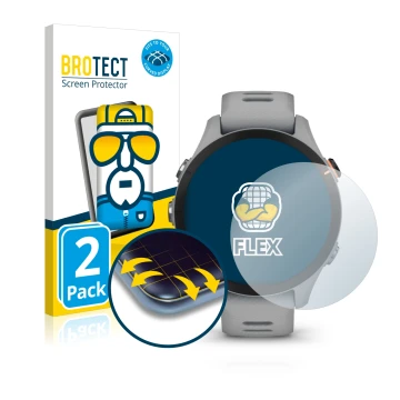 Parte frontal de un envase de producto con el logotipo de la marca BROTECT. Al lado se muestra el dispositivo Garmin Forerunne