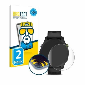 Parte frontal de un envase de producto con el logotipo de la marca BROTECT. Al lado se muestra el dispositivo Garmin Forerunne