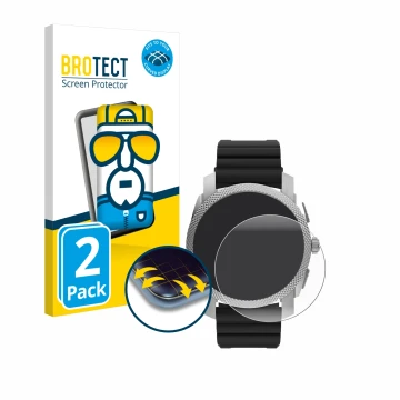 Parte frontal de un envase de producto con el logotipo de la marca BROTECT. Al lado se muestra el dispositivo Fossil Gen 6 Hyb