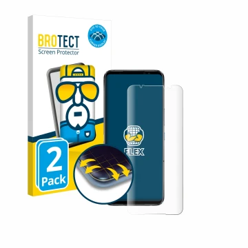 Parte frontal de un envase de producto con el logotipo de la marca BROTECT. Al lado se muestra el dispositivo ASUS ROG Phone 6