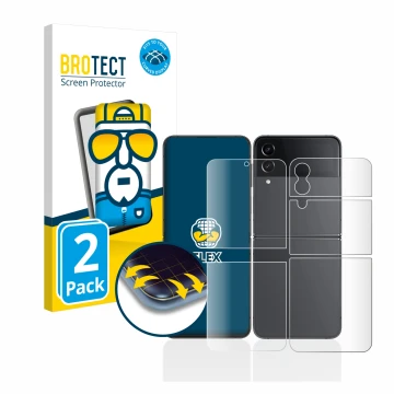 Parte frontal de un envase de producto con el logotipo de la marca BROTECT. Al lado se muestra el dispositivo Samsung Galaxy Z