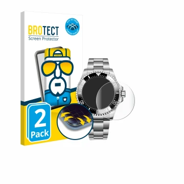 Parte frontal de un envase de producto con el logotipo de la marca BROTECT. Al lado se muestra el dispositivo Rolex Sea-Dwelle