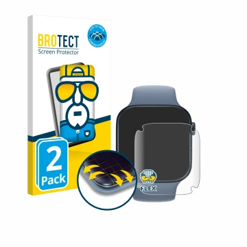 Parte frontal de un envase de producto con el logotipo de la marca BROTECT. Al lado se muestra el dispositivo Apple Watch Seri