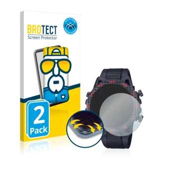 Parte frontal de un envase de producto con el logotipo de la marca BROTECT. Al lado se muestra el dispositivo Casio Edifice EC