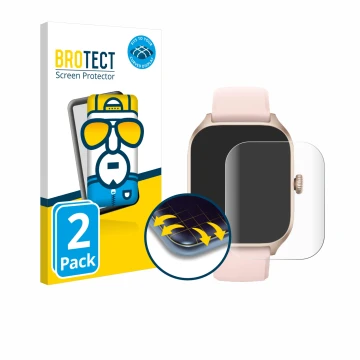 Parte frontal de un envase de producto con el logotipo de la marca BROTECT. Al lado se muestra el dispositivo Huami Amazfit GT