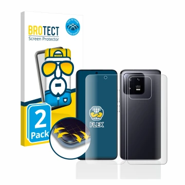 Parte frontal de un envase de producto con el logotipo de la marca BROTECT. Al lado se muestra el dispositivo Xiaomi 13 (Front