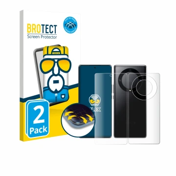 Parte frontal de un envase de producto con el logotipo de la marca BROTECT. Al lado se muestra el dispositivo Honor Magic 5 Li