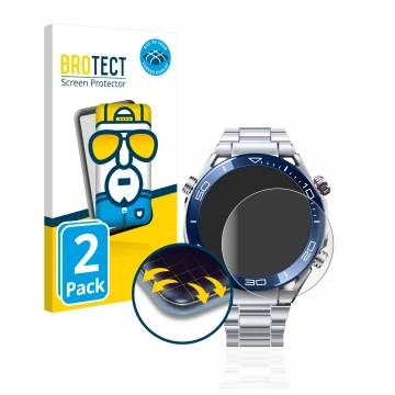 Parte frontal de un envase de producto con el logotipo de la marca BROTECT. Al lado se muestra el dispositivo Huawei Watch Ult