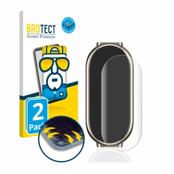 Parte frontal de un envase de producto con el logotipo de la marca BROTECT. Al lado se muestra el dispositivo Xiaomi Mi Band 8
