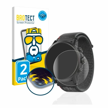 Parte frontal de un envase de producto con el logotipo de la marca BROTECT. Al lado se muestra el dispositivo Coros Apex 2 con