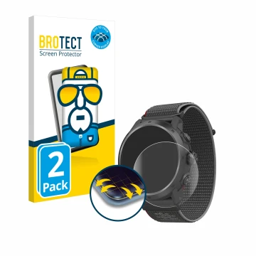 Parte frontal de un envase de producto con el logotipo de la marca BROTECT. Al lado se muestra el dispositivo Coros Apex 2 Pro