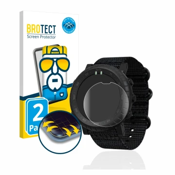 Parte frontal de un envase de producto con el logotipo de la marca BROTECT. Al lado se muestra el dispositivo Suunto Core Alph