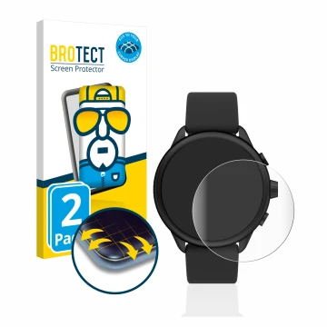 Parte frontal de un envase de producto con el logotipo de la marca BROTECT. Al lado se muestra el dispositivo Fossil Smartwatc