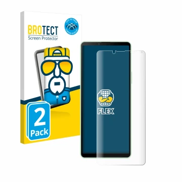 Parte frontal de un envase de producto con el logotipo de la marca BROTECT. Al lado se muestra el dispositivo Sony Xperia 10 V