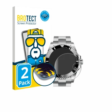 Parte frontal de un envase de producto con el logotipo de la marca BROTECT. Al lado se muestra el dispositivo Rolex Submariner