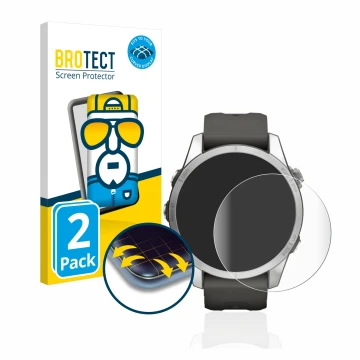 Parte frontal de un envase de producto con el logotipo de la marca BROTECT. Al lado se muestra el dispositivo Garmin Fenix 7S 