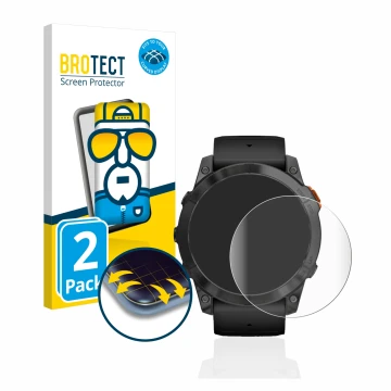 Parte frontal de un envase de producto con el logotipo de la marca BROTECT. Al lado se muestra el dispositivo Garmin Fenix 7X 