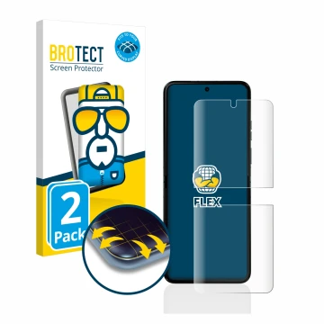 Parte frontal de un envase de producto con el logotipo de la marca BROTECT. Al lado se muestra el dispositivo Motorola Razr 40