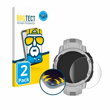 Parte frontal de un envase de producto con el logotipo de la marca BROTECT. Al lado se muestra el dispositivo Garmin Instinct 