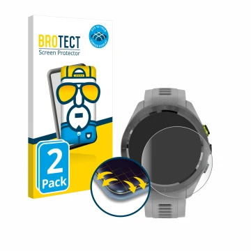 Parte frontal de un envase de producto con el logotipo de la marca BROTECT. Al lado se muestra el dispositivo Garmin Approach 