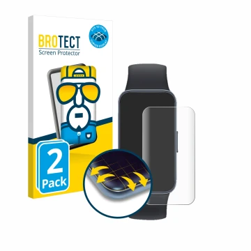 Parte frontal de un envase de producto con el logotipo de la marca BROTECT. Al lado se muestra el dispositivo Huawei Band 8 co