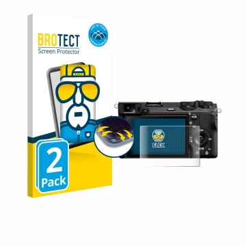 Parte frontal de un envase de producto con el logotipo de la marca BROTECT. Al lado se muestra el dispositivo Sony Alpha 6700 