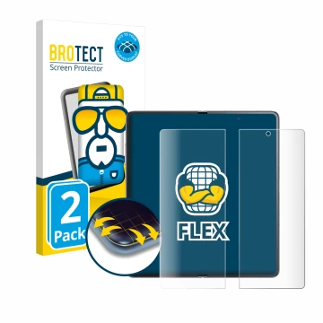 Parte frontal de un envase de producto con el logotipo de la marca BROTECT. Al lado se muestra el dispositivo Honor Magic V2 (