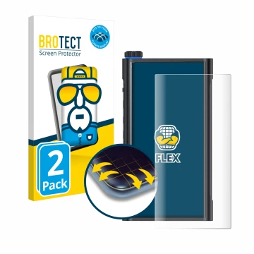 Parte frontal de un envase de producto con el logotipo de la marca BROTECT. Al lado se muestra el dispositivo FiiO M15s con su