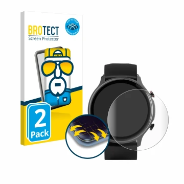 Parte frontal de un envase de producto con el logotipo de la marca BROTECT. Al lado se muestra el dispositivo Hama Fit Watch 6