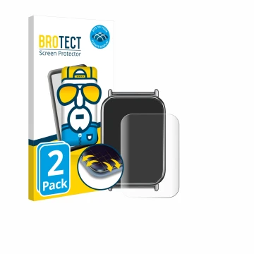 Parte frontal de un envase de producto con el logotipo de la marca BROTECT. Al lado se muestra el dispositivo Xiaomi Mi Band 8