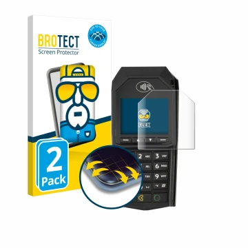 Parte frontal de un envase de producto con el logotipo de la marca BROTECT. Al lado se muestra el dispositivo ingenico Lane/30