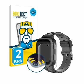 Parte frontal de un envase de producto con el logotipo de la marca BROTECT. Al lado se muestra el dispositivo Beafon Kids Watc