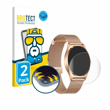 Parte frontal de un envase de producto con el logotipo de la marca BROTECT. Al lado se muestra el dispositivo Xcoast X-Watch J