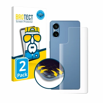 Parte frontal de un envase de producto con el logotipo de la marca BROTECT. Al lado se muestra el dispositivo Sony Xperia 5 V 